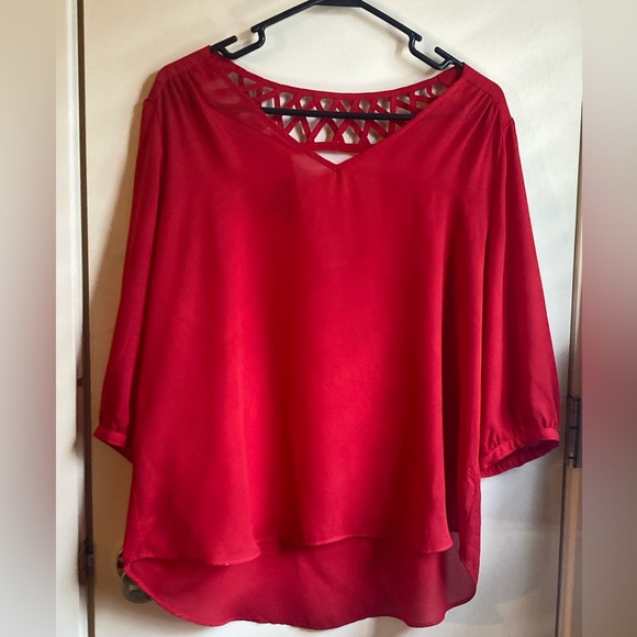 BCX by Macy's Red Blouse, V-Neck Front, Lattice & V-Neck Back, Size XL - Picture 2 of 13